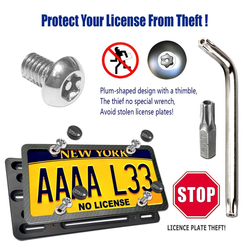 Aootf Front License Plate Bracket- Universal Front Bumper License Plate Mounting Kit, Car Tag Holder Adapter& Carbon Fiber Plate Cover, Anti-Theft Lock Screws, Caps, Nuts, For US Vehicle Trailer Truck - Image 2